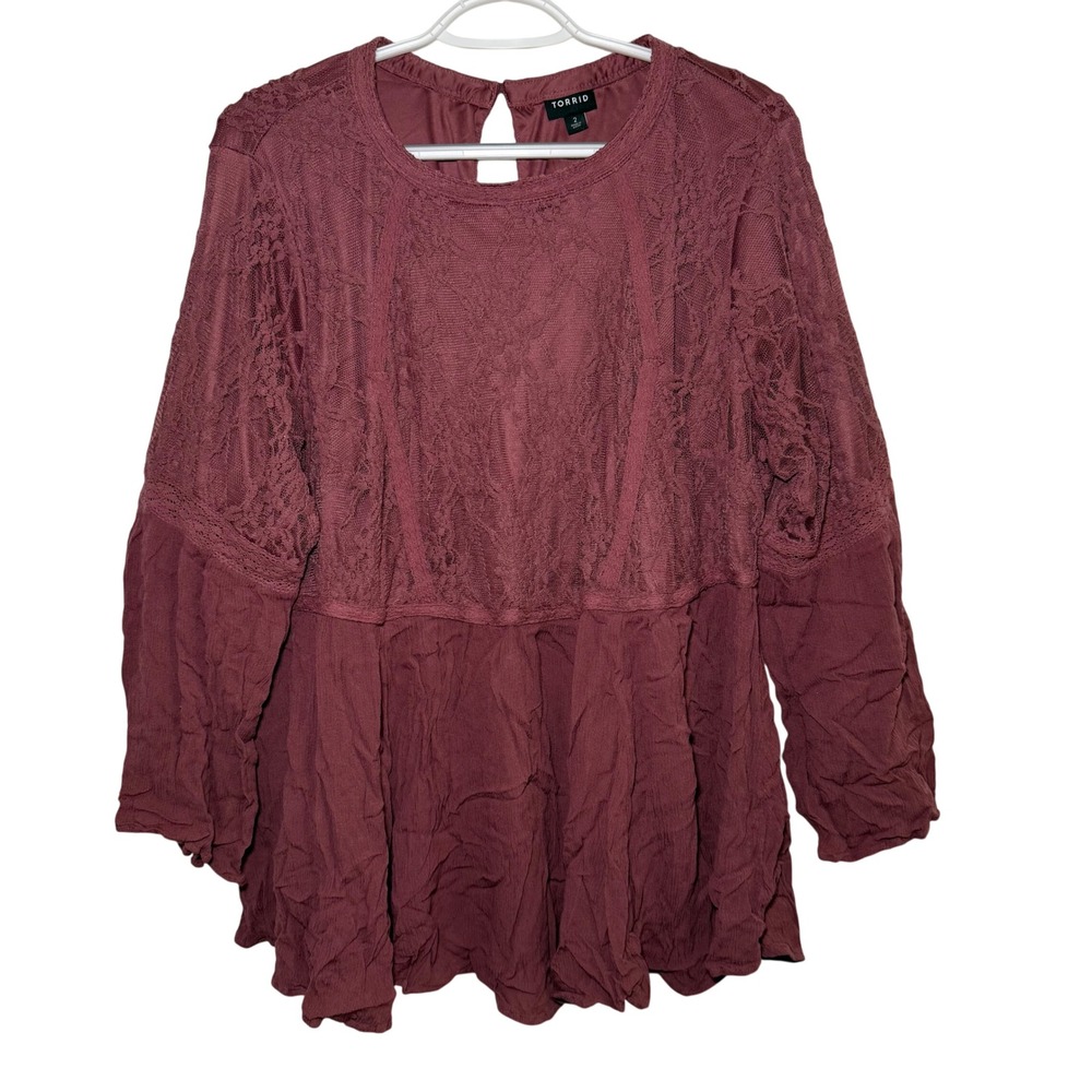 Torrid Lace Peplum Blouse Long Sleeve Keyhole 2X‎ Boho Fairy Cottagecore